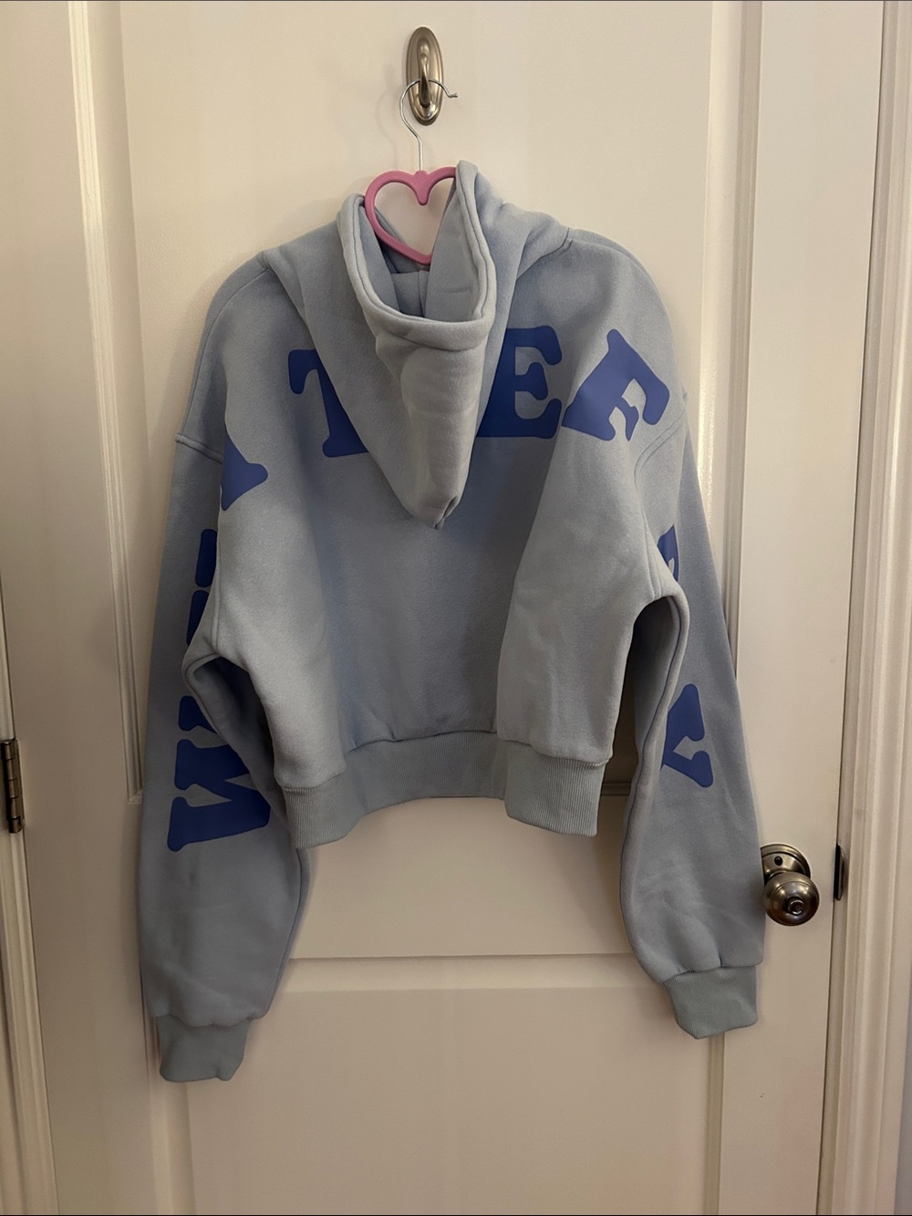White Fox Light Blue Cropped Hoodie Sweater with Blue Lettering (white fox)